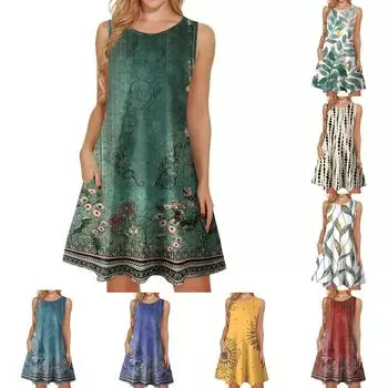 Женские летние платья, свободные сарафаны без рукавов с U-образным вырезом и карманами L бежевый