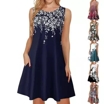 Женские летние платья, свободные сарафаны без рукавов с U-образным вырезом и карманами L синий