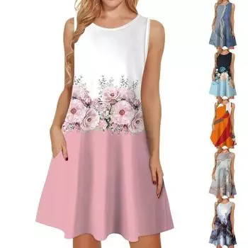 Женские летние платья, свободные сарафаны без рукавов с U-образным вырезом и карманами M