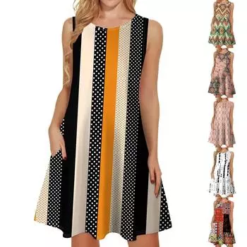 Женские летние платья, свободные сарафаны без рукавов с U-образным вырезом и карманами L чёрный