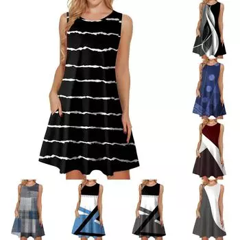 Женские летние платья, свободные сарафаны без рукавов с U-образным вырезом и карманами XXXL