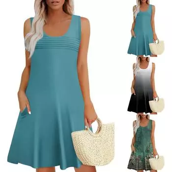 Женские летние платья, свободные сарафаны без рукавов с U-образным вырезом и карманами L чёрный