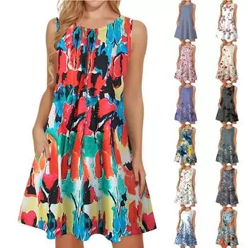 Женские летние платья, свободные сарафаны без рукавов с U-образным вырезом и карманами XXL бежевый