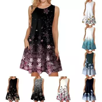 Женские летние платья, свободные сарафаны без рукавов с U-образным вырезом и карманами M красный