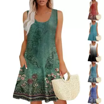 Женские летние платья, свободные сарафаны без рукавов с U-образным вырезом и карманами XL