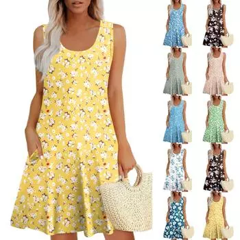 Женские летние платья, свободные сарафаны без рукавов с U-образным вырезом и карманами L чёрный