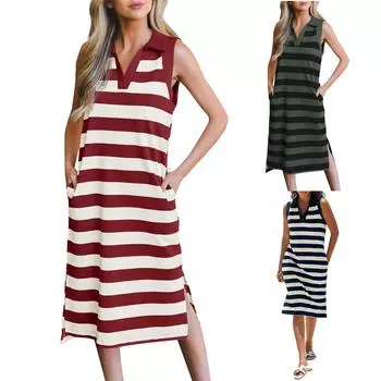 Женские летние платья Свободные сарафаны без рукавов с V-образным вырезом Платье с карманами L армия зеленый