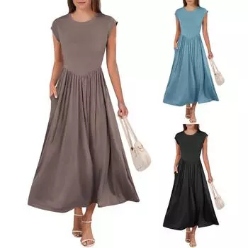 Женские летние платья Свободные сарафаны без рукавов с V-образным вырезом Платье с карманами S