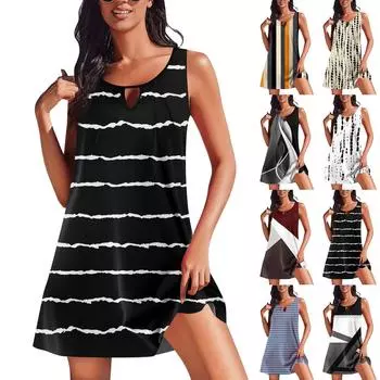 Женские летние платья, свободные сарафаны без рукавов с U-образным вырезом и карманами XXL синий