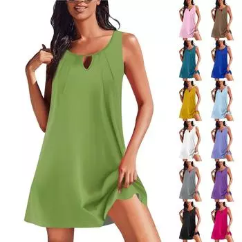 Женские летние платья, свободные сарафаны без рукавов с U-образным вырезом и карманами L чёрный