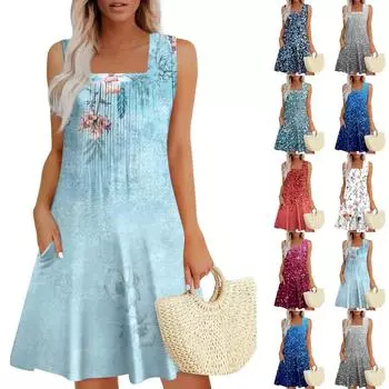 Женские летние платья Свободные сарафаны без рукавов Платье с карманами L синий