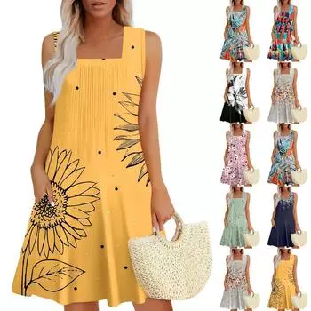 Женские летние платья Свободные сарафаны без рукавов Платье с карманами L чёрный