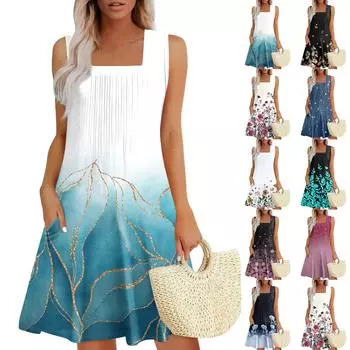 Женские летние платья Свободные сарафаны без рукавов Платье с карманами L бежевый