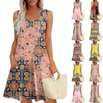 Женские летние платья Свободные сарафаны без рукавов Платье с карманами L зелёный