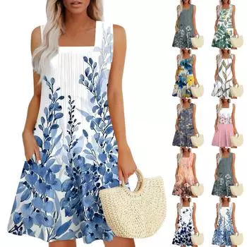 Женские летние платья Свободные сарафаны без рукавов Платье с карманами L синий