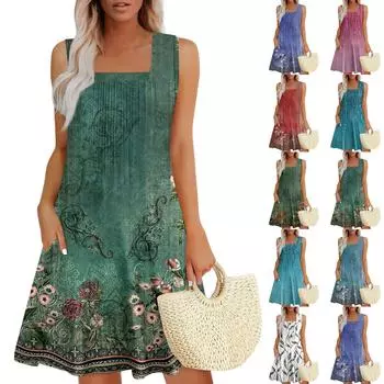 Женские летние платья Свободные сарафаны без рукавов Платье с карманами L армия зеленый