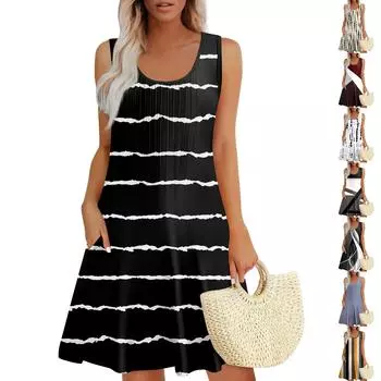 Женские летние платья Свободные сарафаны без рукавов Платье с карманами L