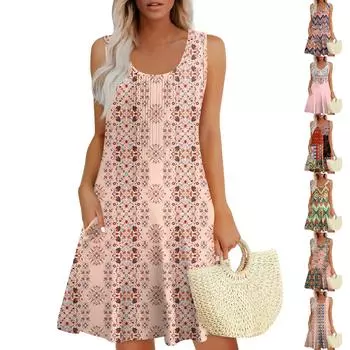 Женские летние платья Свободные сарафаны без рукавов Платье с карманами L