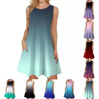 Женские летние платья, свободные сарафаны без рукавов с U-образным вырезом и карманами S синий