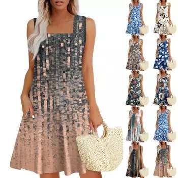 Женские летние платья Свободные сарафаны без рукавов Платье с карманами L бежевый