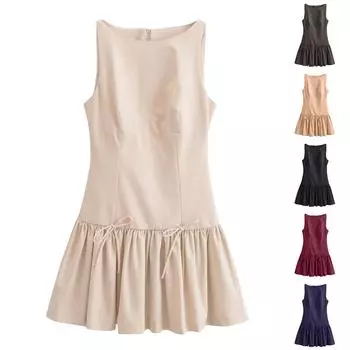 Женские летние платья, свободные сарафаны без рукавов с U-образным вырезом и карманами L бежевый