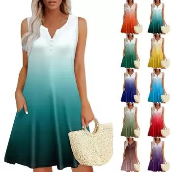Женские летние платья Свободные сарафаны без рукавов с V-образным вырезом Платье с карманами L армия зеленый