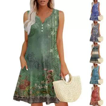 Женские летние платья Свободные сарафаны без рукавов с V-образным вырезом Платье с карманами L армия зеленый