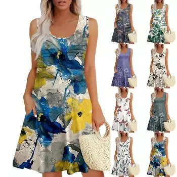 Женские летние платья Свободные сарафаны без рукавов Платье с карманами L бежевый