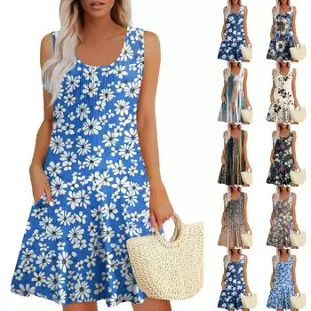 Женские летние платья Свободные сарафаны без рукавов Платье с карманами L бежевый