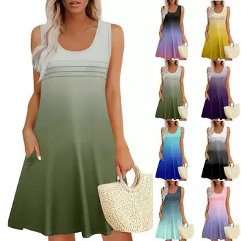 Женские летние платья Свободные сарафаны без рукавов Платье с карманами L зелёный