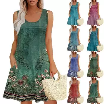 Женские летние платья Свободные сарафаны без рукавов Платье с карманами L армия зеленый