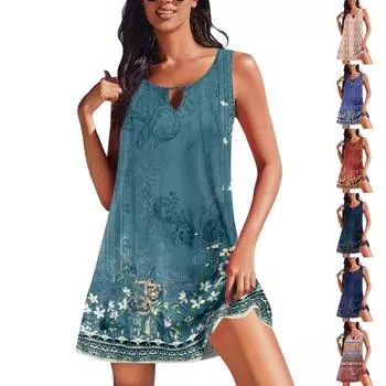 Женские летние платья, свободные сарафаны без рукавов с U-образным вырезом и карманами S киноварь