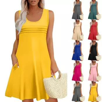 Женские летние платья Свободные сарафаны без рукавов Платье с карманами XXXL бежевый