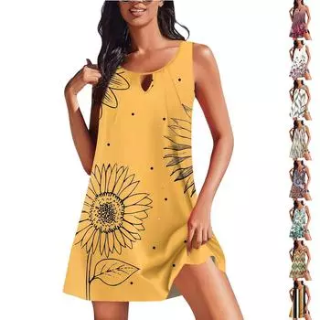 Женские летние платья, свободные сарафаны без рукавов с U-образным вырезом и карманами S шафрановый