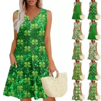 Женские летние платья Свободные сарафаны без рукавов с V-образным вырезом Платье с карманами XXL