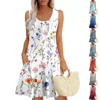 Женские летние платья Свободные сарафаны без рукавов Платье с карманами XXXL