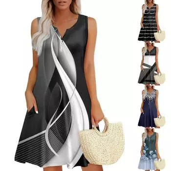 Женские летние платья Свободные сарафаны без рукавов с V-образным вырезом Платье с карманами M чёрный