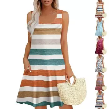 Женские летние платья, свободные сарафаны без рукавов с U-образным вырезом и карманами XL тёмно-синий