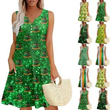 Женские летние платья Свободные сарафаны без рукавов с V-образным вырезом Платье с карманами L оранжевый