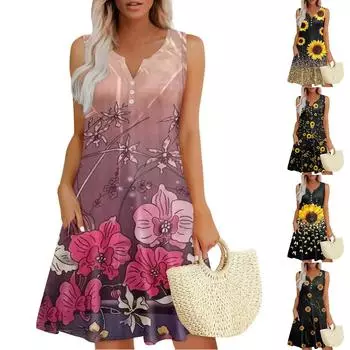 Женские летние платья Свободные сарафаны без рукавов с V-образным вырезом Платье с карманами XXL фиолетовый
