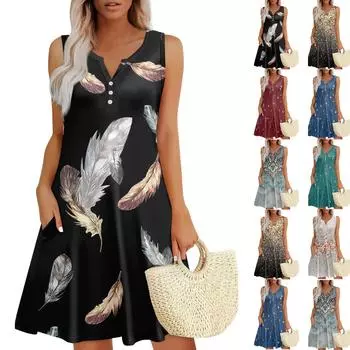 Женские летние платья Свободные сарафаны без рукавов с V-образным вырезом Платье с карманами XXL