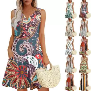 Женские летние платья Свободные сарафаны без рукавов с V-образным вырезом Платье с карманами XL красный