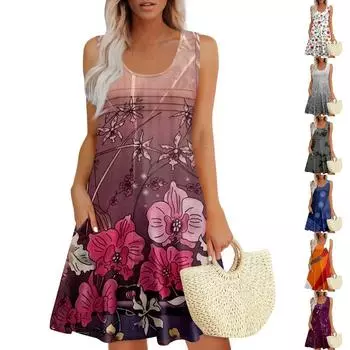 Женские летние платья Свободные сарафаны без рукавов Платье с карманами L