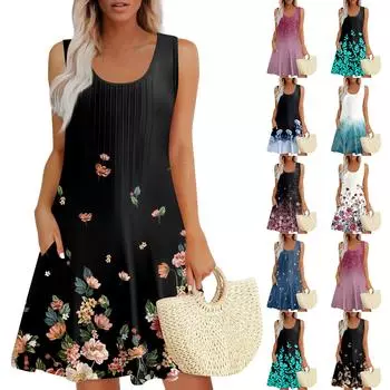 Женские летние платья Свободные сарафаны без рукавов Платье с карманами L розовый