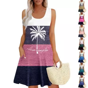 Женские летние платья, свободные сарафаны без рукавов с U-образным вырезом и карманами M
