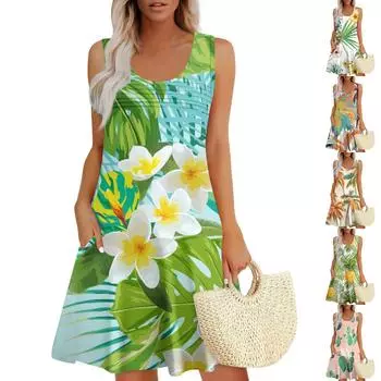 Женские летние платья, свободные сарафаны без рукавов с U-образным вырезом и карманами XXL розовый