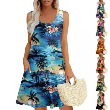 Женские летние платья, свободные сарафаны без рукавов с U-образным вырезом и карманами S чёрный