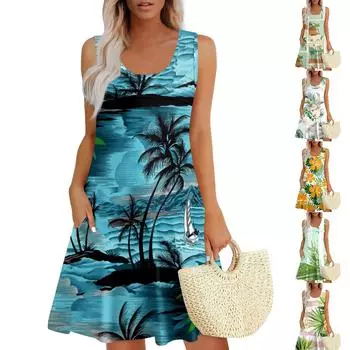 Женские летние платья, свободные сарафаны без рукавов с U-образным вырезом и карманами XXL