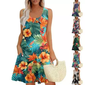 Женские летние платья, свободные сарафаны без рукавов с U-образным вырезом и карманами XXXL