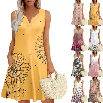 Женские летние платья Свободные сарафаны без рукавов с V-образным вырезом Платье с карманами L темно-зеленого